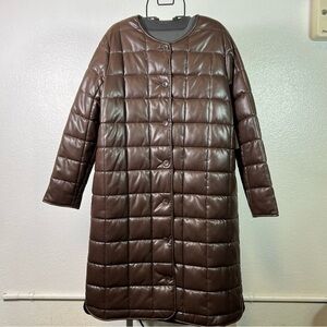 Calvin Klein Longline Faux Leather Brown Puffer Jacket Size L